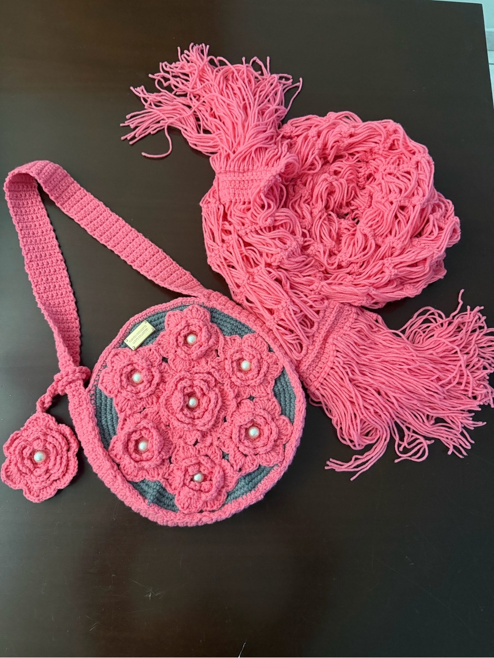 Handmade Pink Crochet Round Shoulder Bag with Floral Appliqué and crochet scarf